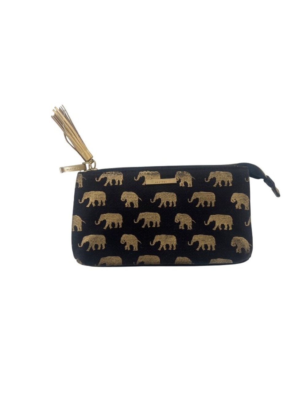 Kestrel Black & Gold Elephant Print Canvas Zipper Pouch With Tassel Accent